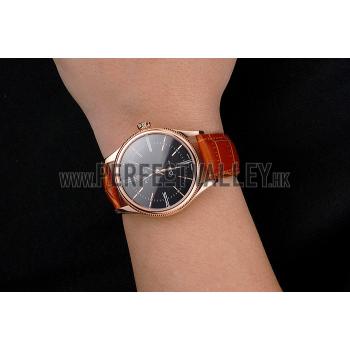 Swiss Rolex Cellini Black Dial Roman Numerals Rose Gold Case Light Brown Leather Strap