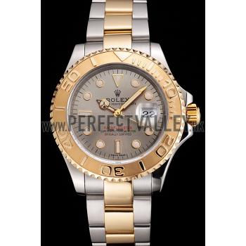 Swiss Rolex Yacht-Master Gray Dial Gold Bezel Stainless Steel Case Two Tone Dial