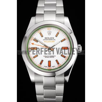 Swiss Rolex Milgauss White Dial Orange Markings Stainless Steel Case And Bracelet