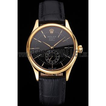 Swiss Rolex Cellini Black Dial Gold Case Black Leather Strap Replica