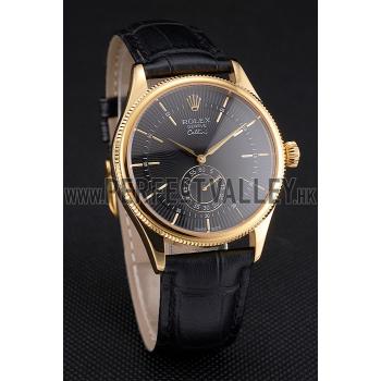 Swiss Rolex Cellini Black Dial Gold Case Black Leather Strap Replica