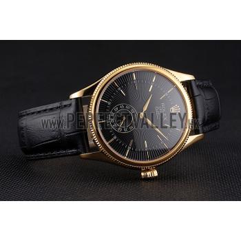 Swiss Rolex Cellini Black Dial Gold Case Black Leather Strap Replica