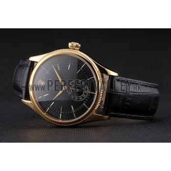 Swiss Rolex Cellini Black Dial Gold Case Black Leather Strap Replica