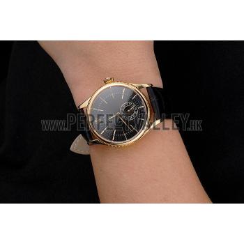 Swiss Rolex Cellini Black Dial Gold Case Black Leather Strap Replica