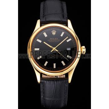 Replica Swiss Rolex Datejust Black Dial Gold Case Black Leather Strap