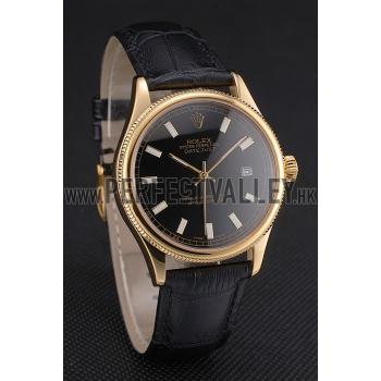 Replica Swiss Rolex Datejust Black Dial Gold Case Black Leather Strap