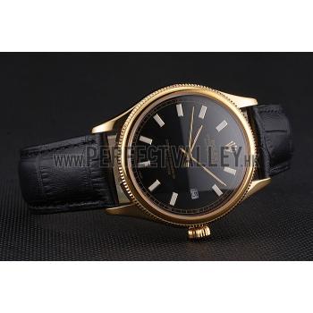 Replica Swiss Rolex Datejust Black Dial Gold Case Black Leather Strap