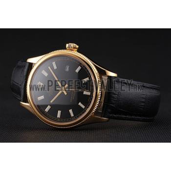 Replica Swiss Rolex Datejust Black Dial Gold Case Black Leather Strap