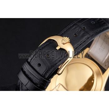 Replica Swiss Rolex Datejust Black Dial Gold Case Black Leather Strap