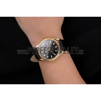 Replica Swiss Rolex Datejust Black Dial Gold Case Black Leather Strap