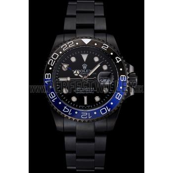 Swiss Rolex GMT Master II Black Dial Blue And Black Bezel Black PVD Case And Bracelet Replica