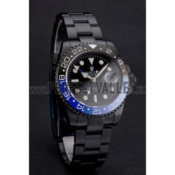 Swiss Rolex GMT Master II Black Dial Blue And Black Bezel Black PVD Case And Bracelet Replica