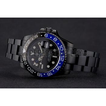 Swiss Rolex GMT Master II Black Dial Blue And Black Bezel Black PVD Case And Bracelet Replica