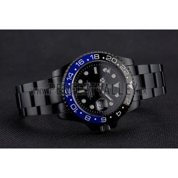 Swiss Rolex GMT Master II Black Dial Blue And Black Bezel Black PVD Case And Bracelet Replica