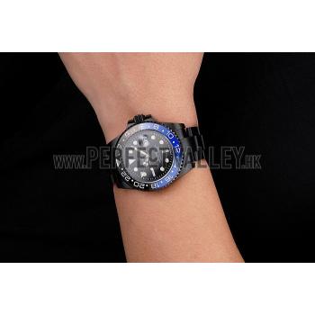 Swiss Rolex GMT Master II Black Dial Blue And Black Bezel Black PVD Case And Bracelet Replica