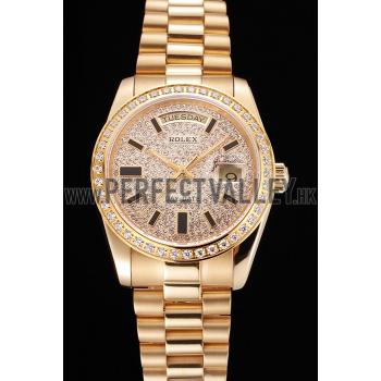 Swiss Rolex Day Date Diamond Pave Dial And Bezel Gold Case And Bracelet