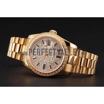 Swiss Rolex Day Date Diamond Pave Dial And Bezel Gold Case And Bracelet