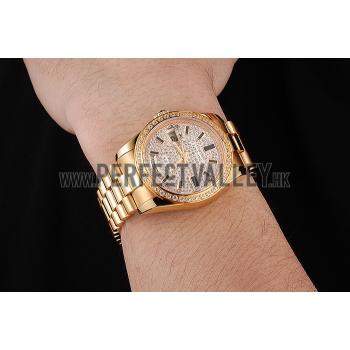 Swiss Rolex Day Date Diamond Pave Dial And Bezel Gold Case And Bracelet