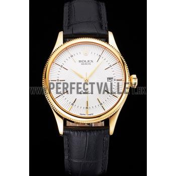 Swiss Rolex Cellini Date White Dial Gold Case Black Leather Strap Replica