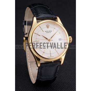 Swiss Rolex Cellini Date White Dial Gold Case Black Leather Strap Replica