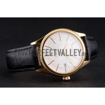 Swiss Rolex Cellini Date White Dial Gold Case Black Leather Strap Replica