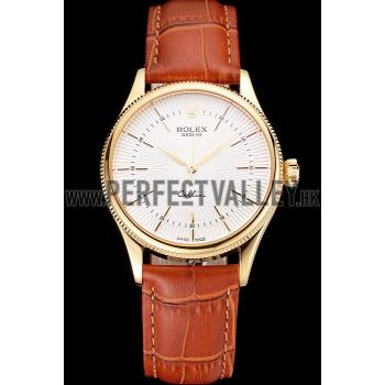 Cheap Swiss Rolex Cellini White Guilloche Dial Gold Case Light Brown Leather Strap