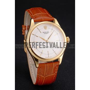 Cheap Swiss Rolex Cellini White Guilloche Dial Gold Case Light Brown Leather Strap