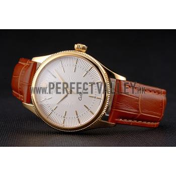 Cheap Swiss Rolex Cellini White Guilloche Dial Gold Case Light Brown Leather Strap