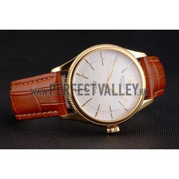 Cheap Swiss Rolex Cellini White Guilloche Dial Gold Case Light Brown Leather Strap