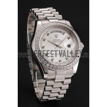 Swiss Rolex Day-Date White Dial Diamond Case Diamond Numerals Stainless Steel Bracelet 1453970 Replica