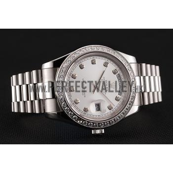 Swiss Rolex Day-Date White Dial Diamond Case Diamond Numerals Stainless Steel Bracelet 1453970 Replica