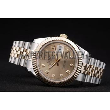 Replica Rolex DateJust Gold Stainless Steel Ribbed Bezel Goldish Dial 41978