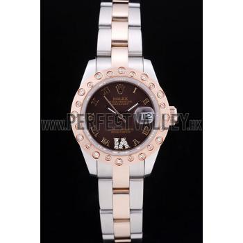 Rolex Datejust Diamonds Rose Gold Polished Bezel Brown Dial 7475