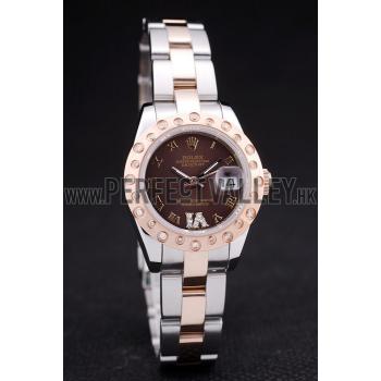 Rolex Datejust Diamonds Rose Gold Polished Bezel Brown Dial 7475