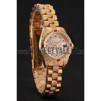 Swiss Rolex DayJust Red Diamond Pave Dial Gold Diamond Bracelet 1453959 Replica