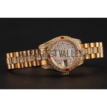 Swiss Rolex DayJust Red Diamond Pave Dial Gold Diamond Bracelet 1453959 Replica