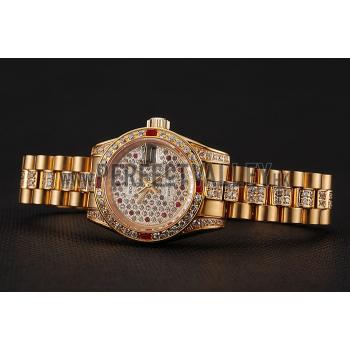 Swiss Rolex DayJust Red Diamond Pave Dial Gold Diamond Bracelet 1453959 Replica