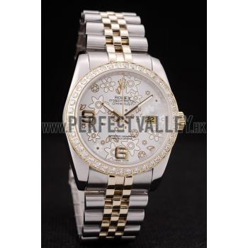 Rolex DateJust Brushed Stainless Steel Case Silver Flowers Dial Diamonds Plated Replica