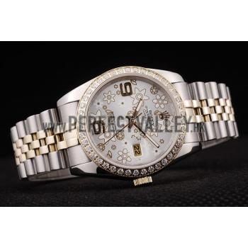 Rolex DateJust Brushed Stainless Steel Case Silver Flowers Dial Diamonds Plated Replica