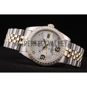 Rolex DateJust Brushed Stainless Steel Case Silver Flowers Dial Diamonds Plated Replica