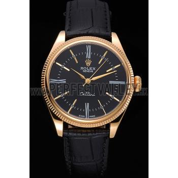 Cheap Rolex Cellini Black Dial Gold Case Black Leather Strap  622832