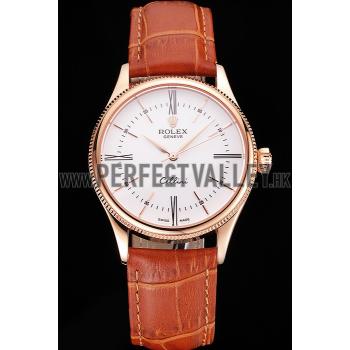 Swiss Rolex Cellini White Dial Roman Numerals Rose Gold Case Light Brown Leather Strap