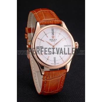 Swiss Rolex Cellini White Dial Roman Numerals Rose Gold Case Light Brown Leather Strap