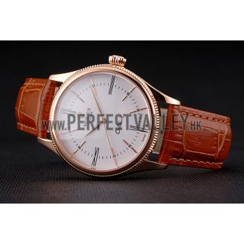 Swiss Rolex Cellini White Dial Roman Numerals Rose Gold Case Light Brown Leather Strap