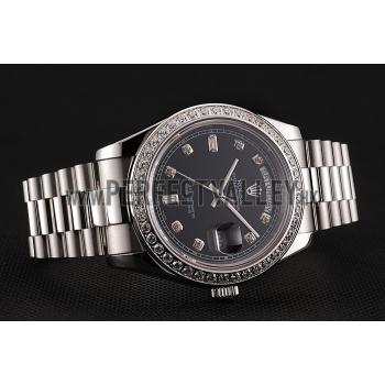 Swiss Rolex Day-Date Black Dial Diamond Case Diamond Numerals Stainless Steel Bracelet 1453966