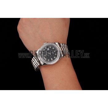 Swiss Rolex Day-Date Black Dial Diamond Case Diamond Numerals Stainless Steel Bracelet 1453966