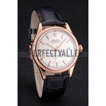 Swiss Rolex Datejust White Dial Rose Gold Case Black Leather Strap Replica