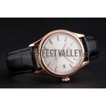 Swiss Rolex Datejust White Dial Rose Gold Case Black Leather Strap Replica