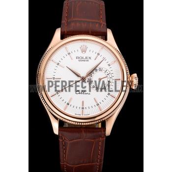 Rolex Cellini White Rose Dial Gold Case Brown Leather Bracelet  622725