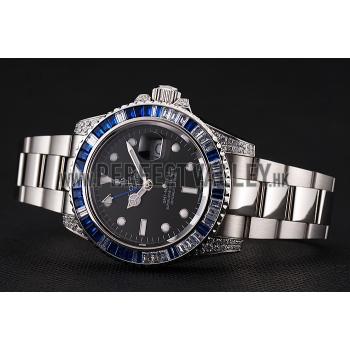 Cheap Swiss Rolex GMT Master II Black Dial Stone Set Bezel Stainless Steel Case And Bracelet 1453747